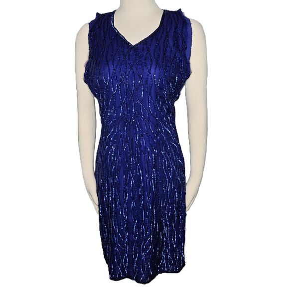 Mark & John By Sam Vintage Royal Blue Silk Sequin Cocktail Dress Keyhole Back L - Picture 1 of 11